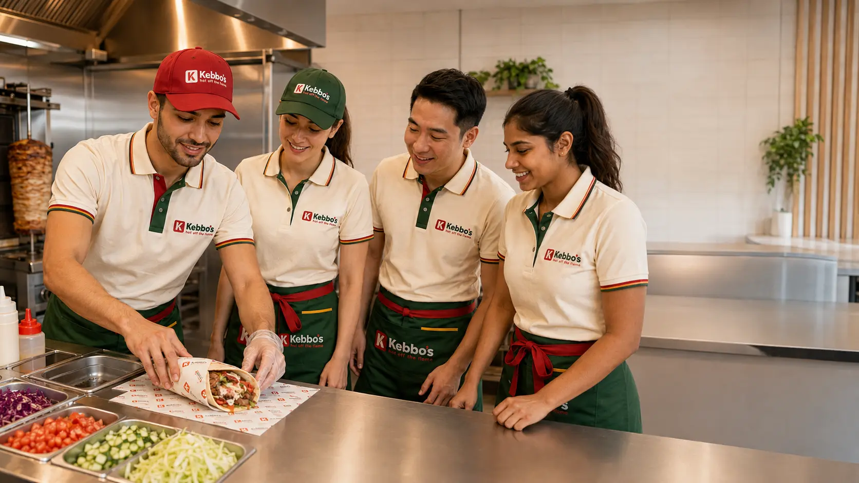 Kebbo’s restaurant team wearing the original cream polos with green and red trim, dark-green aprons and branded caps