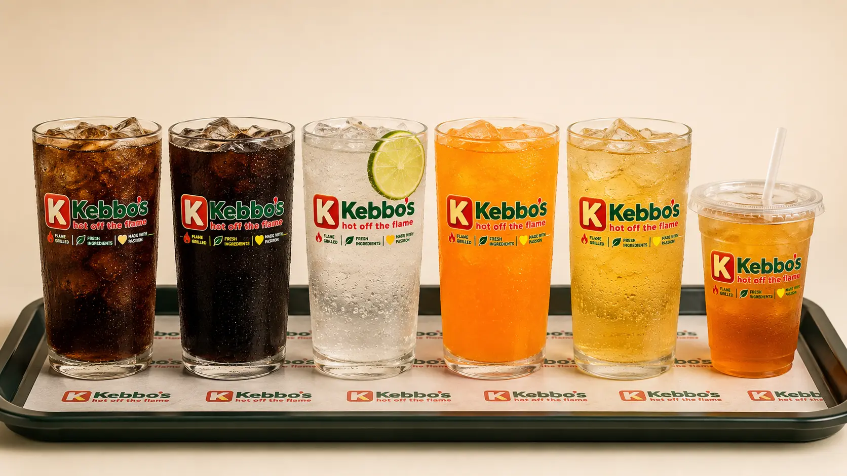 Kebbo’s fountain drinks in different flavours on a branded serving tray