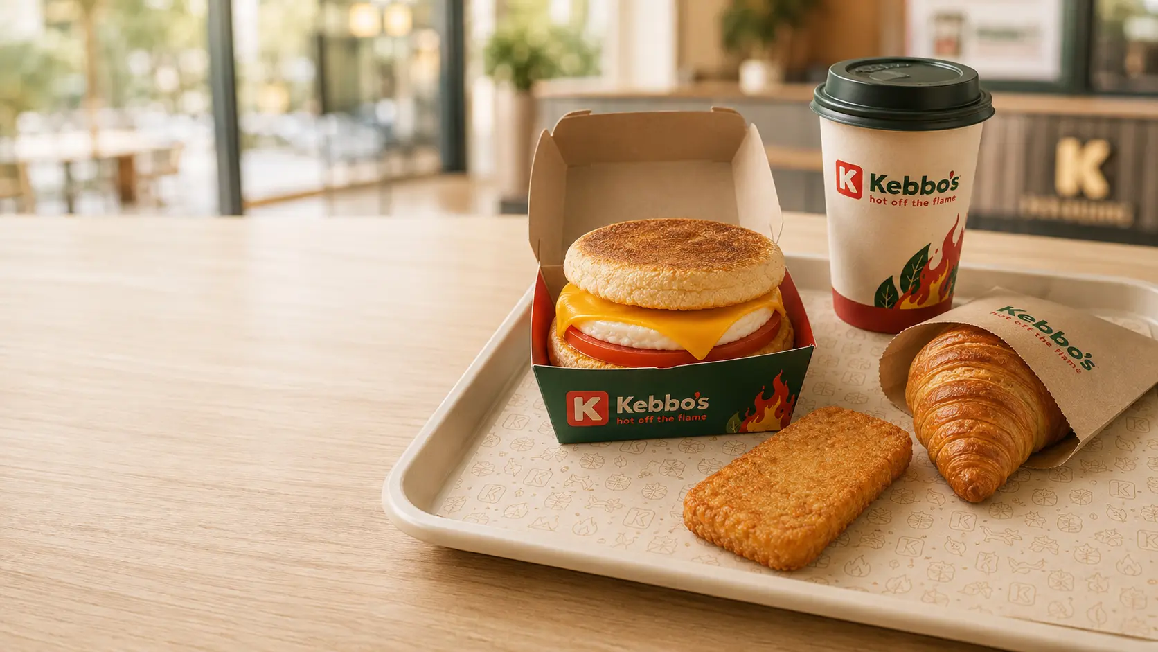 Kebbo’s egg and cheese breakfast muffin in a branded box, croissant in a sleeve, hash brown on tray liner and takeaway coffee
