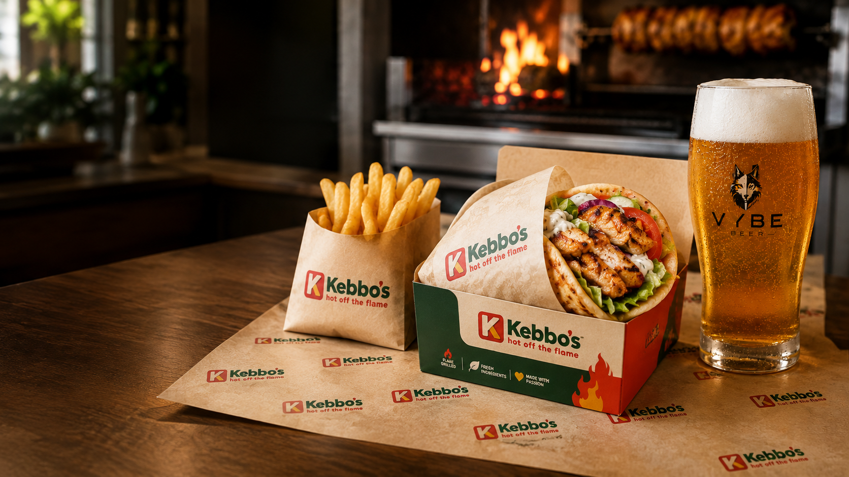 A Kebbo’s half-wrapped kebab meal with chips and a branded takeaway drink