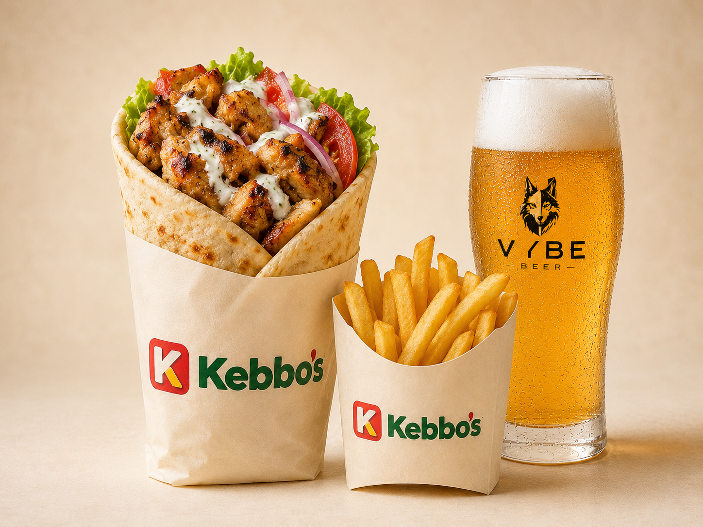 VYBE Beer with a half-wrapped kebab and chips